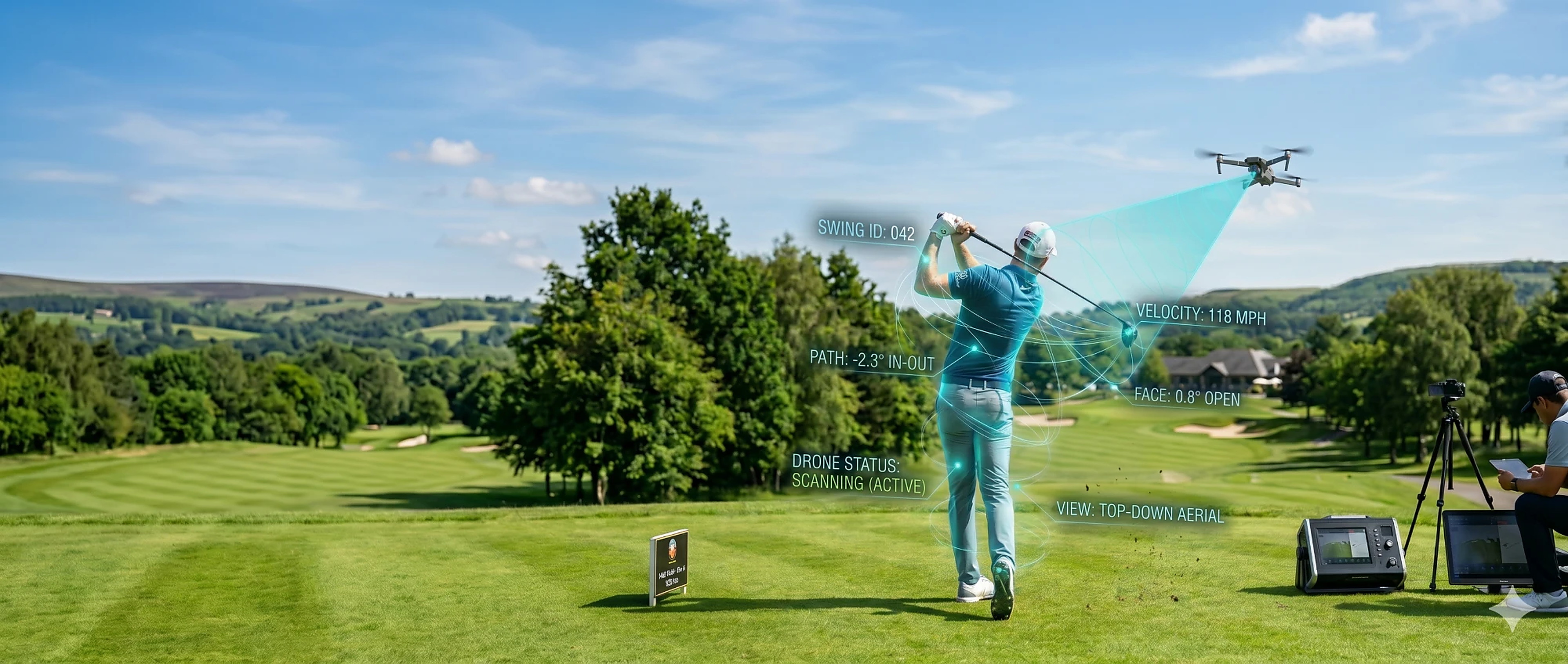 A golfer mid-swing on a clifftop tee box with the Caddi drone airborne and biomechanical metrics overlaid on the swing.