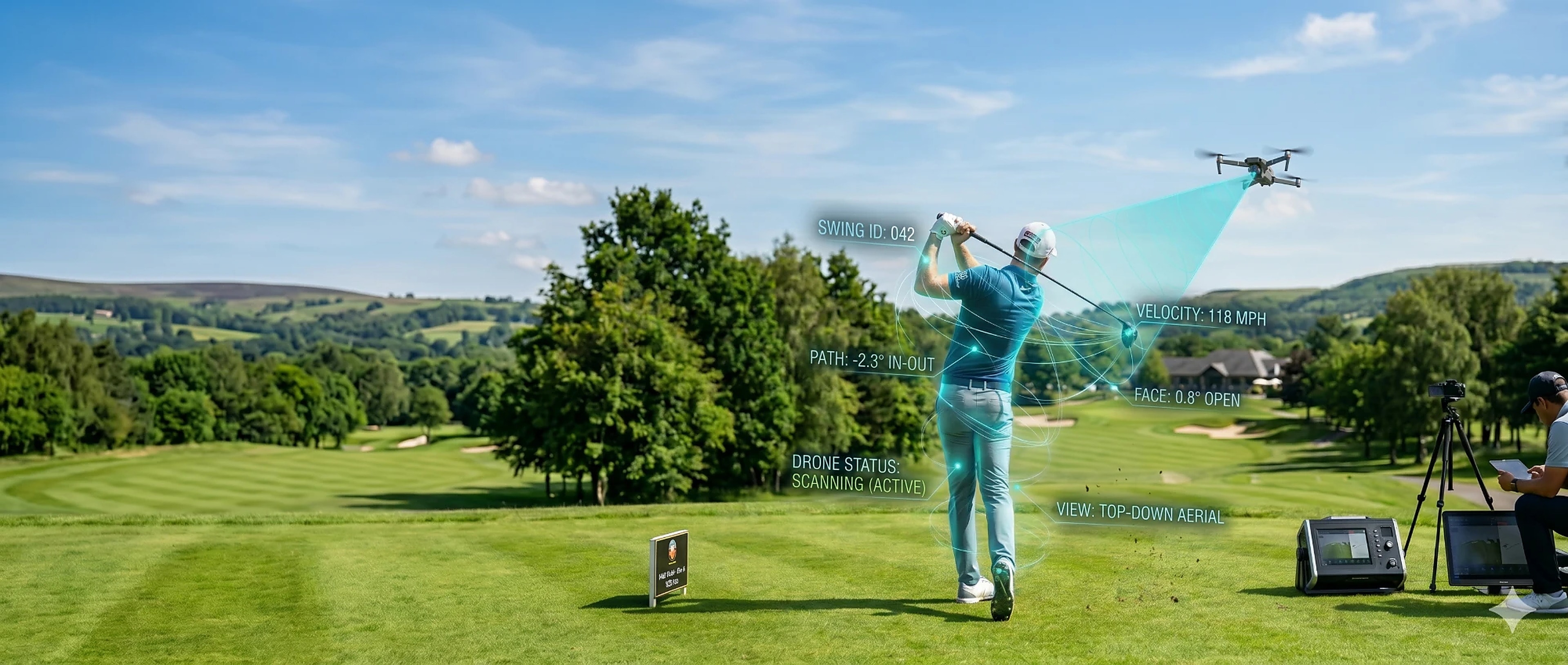 A golfer mid-swing on a clifftop tee box with the Caddi drone airborne and biomechanical metrics overlaid on the swing.